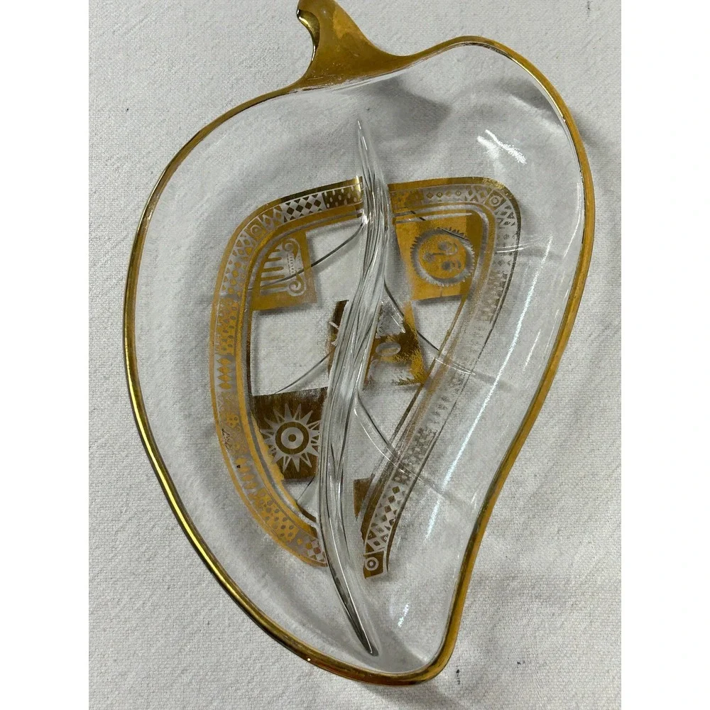MCM Georges Briard Leaf Shaped, Greek Design, Divided Candy Dish, Gold Gilt Trim